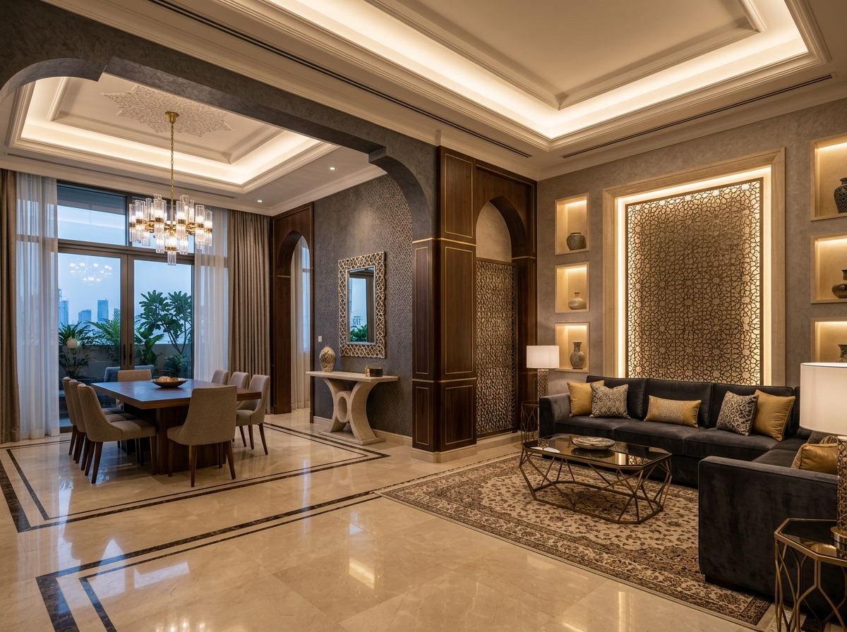 مساحة داخلية فاخرة بتصميم عربي وعصري — Elegant interior space blending Arabic and modern design